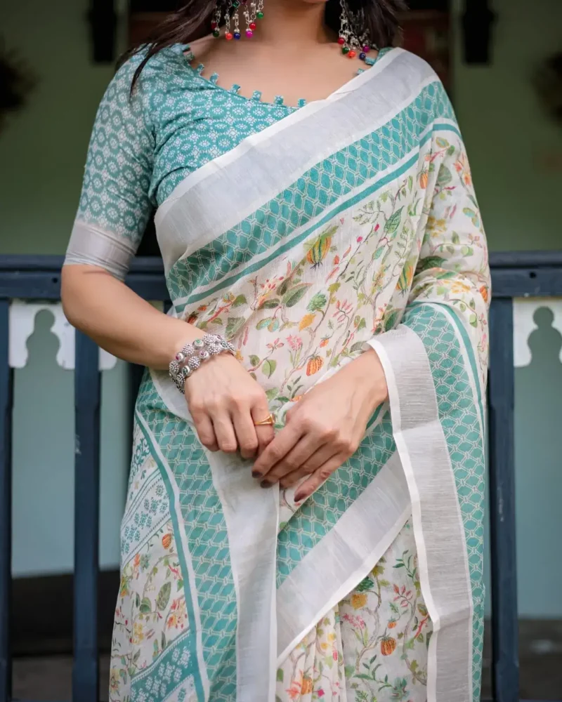 Soft Ivory Floral Printed Pure Linen Saree With Tassels