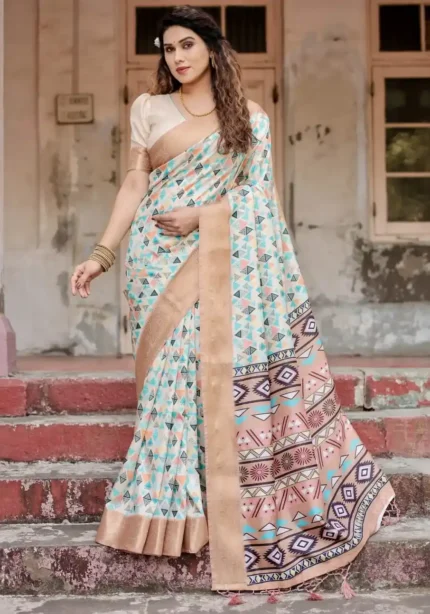 soft ivory modern geometric digital printed tussar silk saree