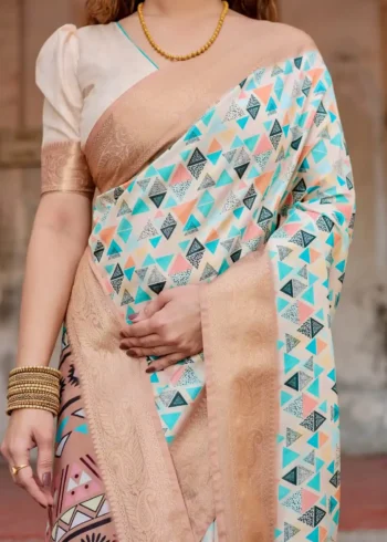 soft ivory modern geometric digital printed tussar silk saree
