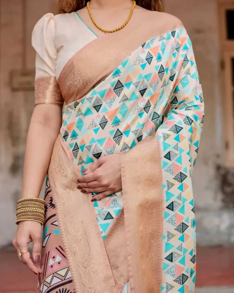 soft ivory modern geometric digital printed tussar silk saree