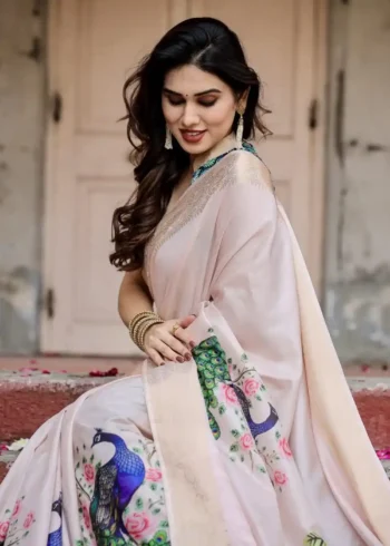 Soft Ivory Stunning Peacock Floral Digital Printed Silk Saree