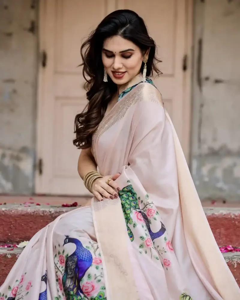 Soft Ivory Stunning Peacock Floral Digital Printed Silk Saree