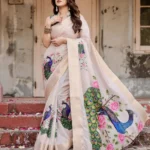 Soft Ivory Stunning Peacock Floral Digital Printed Silk Saree