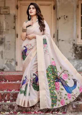 Soft Ivory Stunning Peacock Floral Digital Printed Silk Saree