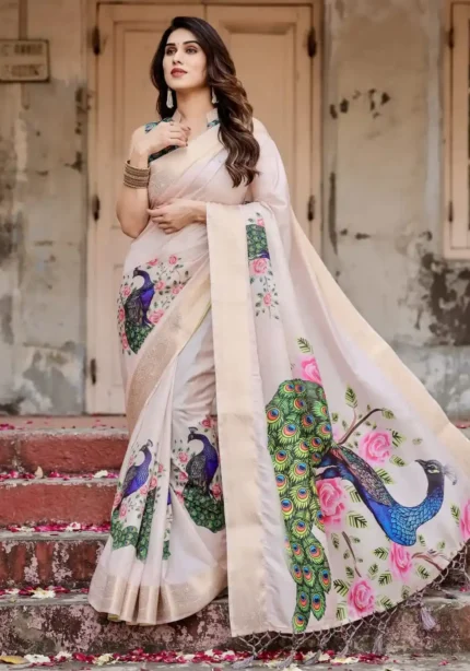 Soft Ivory Stunning Peacock Floral Digital Printed Silk Saree