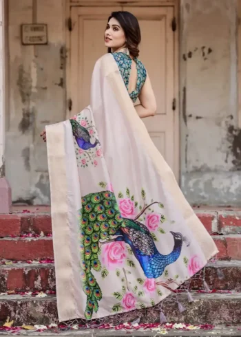 Soft Ivory Stunning Peacock Floral Digital Printed Silk Saree