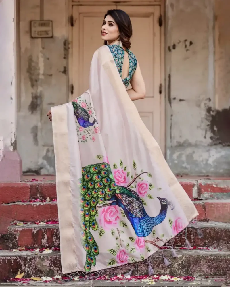 Soft Ivory Stunning Peacock Floral Digital Printed Silk Saree