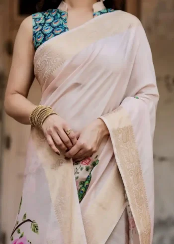 Soft Ivory Stunning Peacock Floral Digital Printed Silk Saree