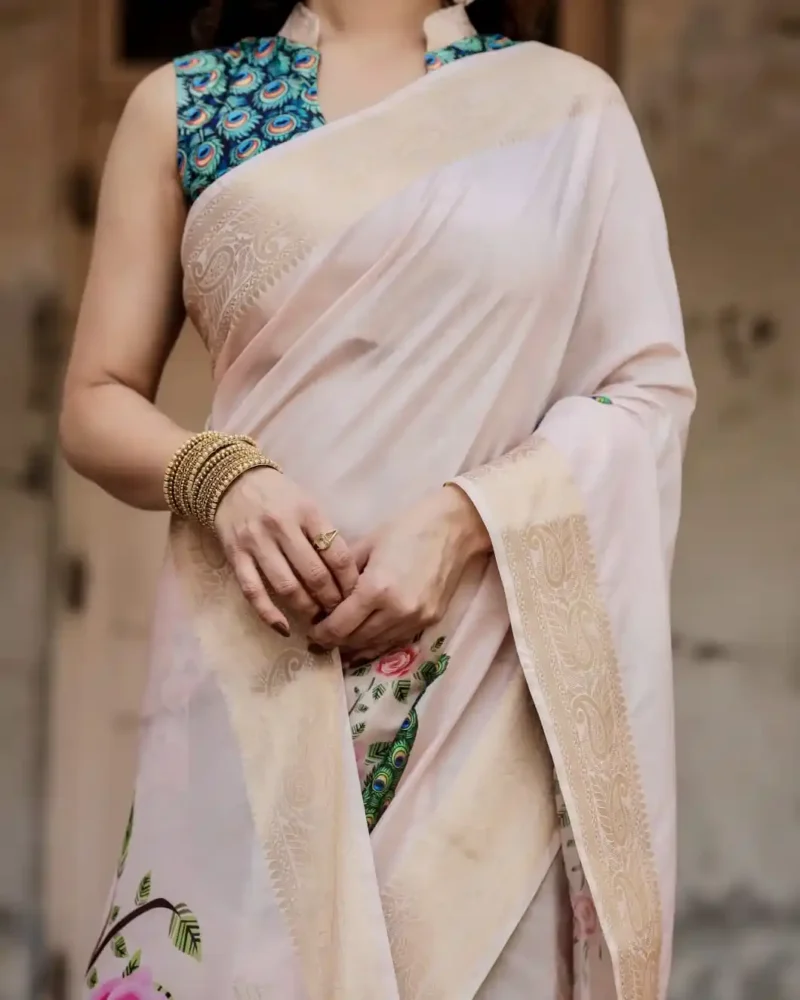 Soft Ivory Stunning Peacock Floral Digital Printed Silk Saree