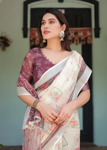 Soft Ivory With Vibrant Pink Pure Linen Saree With Tassels