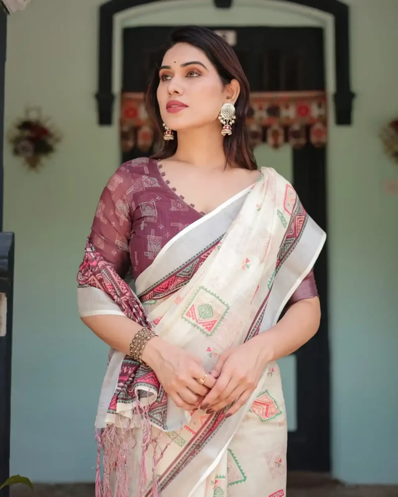 Soft Ivory With Vibrant Pink Pure Linen Saree With Tassels
