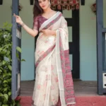 Soft Ivory With Vibrant Pink Pure Linen Saree With Tassels