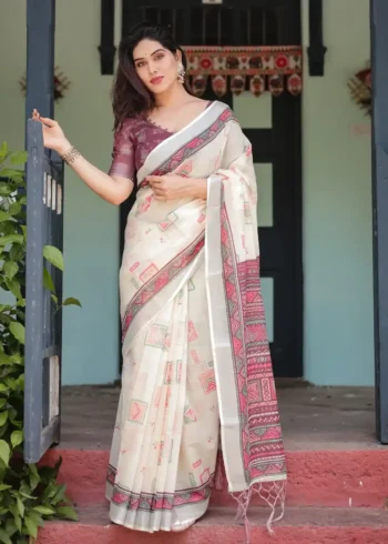 Soft Ivory With Vibrant Pink Pure Linen Saree With Tassels