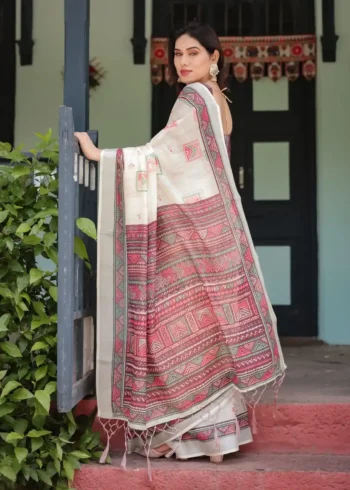 Soft Ivory With Vibrant Pink Pure Linen Saree With Tassels
