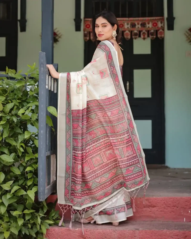 Soft Ivory With Vibrant Pink Pure Linen Saree With Tassels