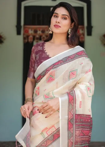 Soft Ivory With Vibrant Pink Pure Linen Saree With Tassels