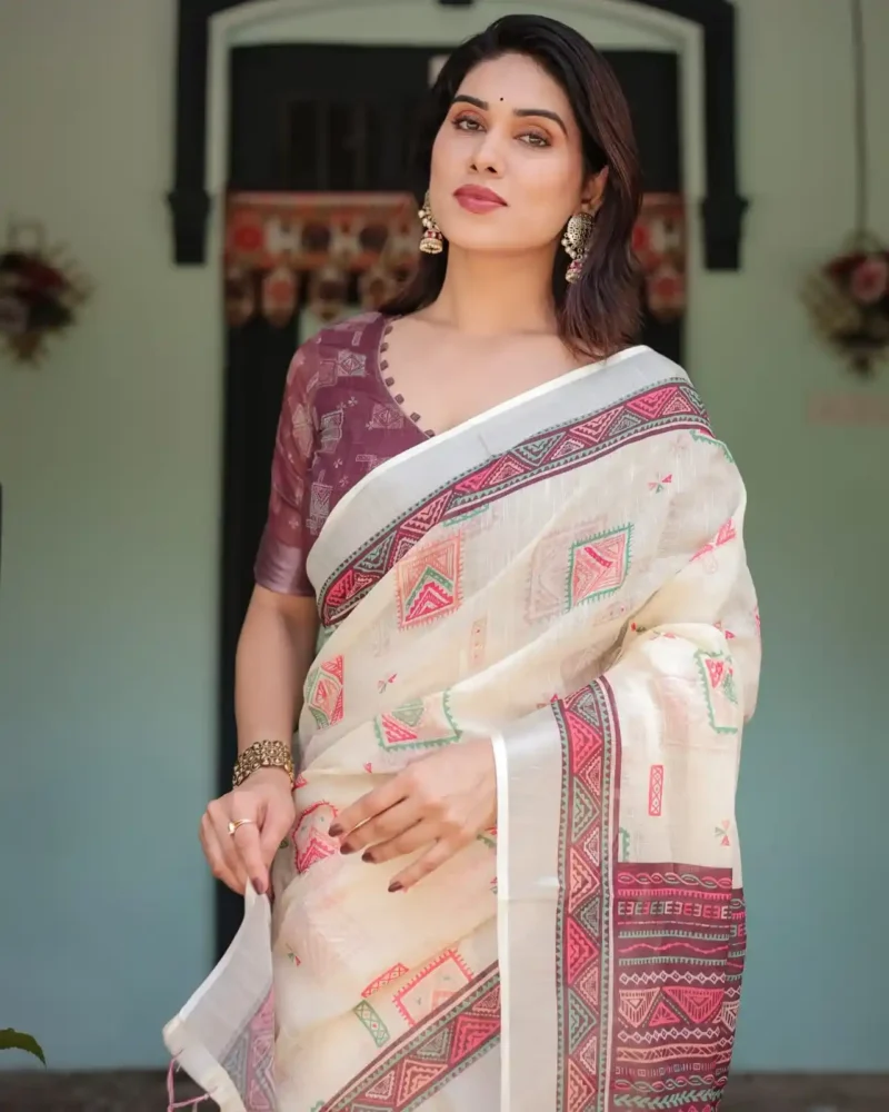Soft Ivory With Vibrant Pink Pure Linen Saree With Tassels