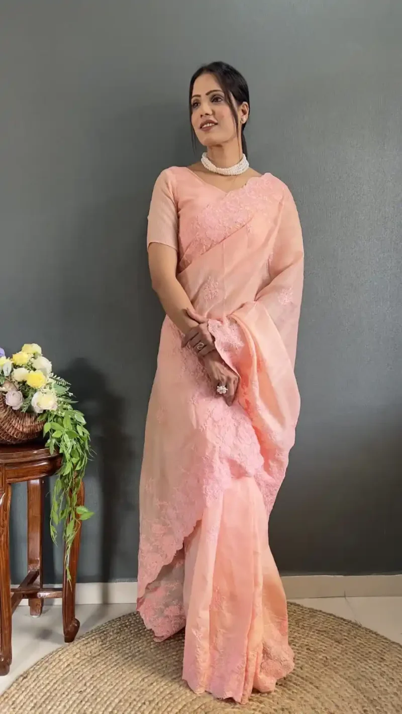Soft Kota Doriya Embroidery Cut Work Stitched Saree
