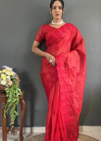 Soft Kota Doriya Embroidery Cut Work Stitched Saree
