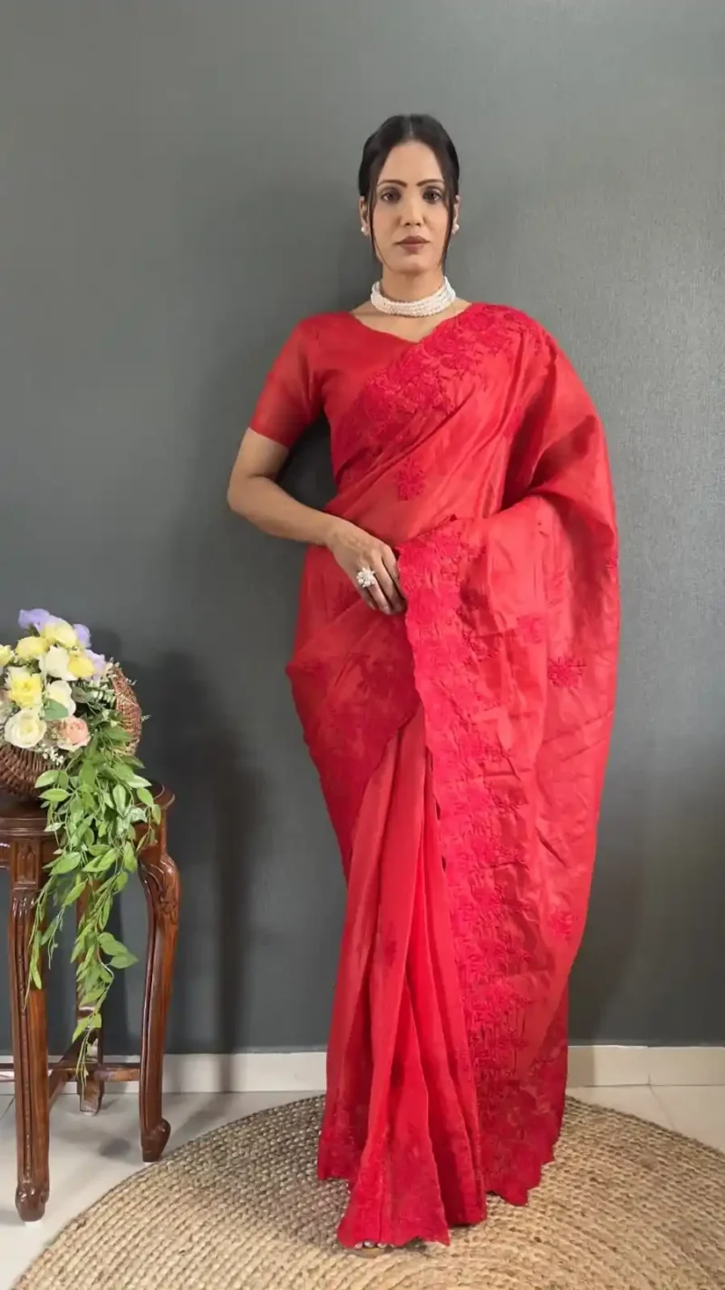 Soft Kota Doriya Embroidery Cut Work Stitched Saree