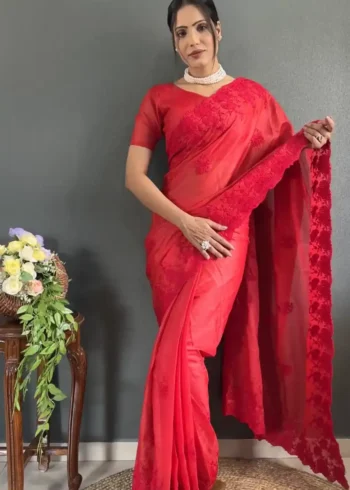 Soft Kota Doriya Embroidery Cut Work Stitched Saree