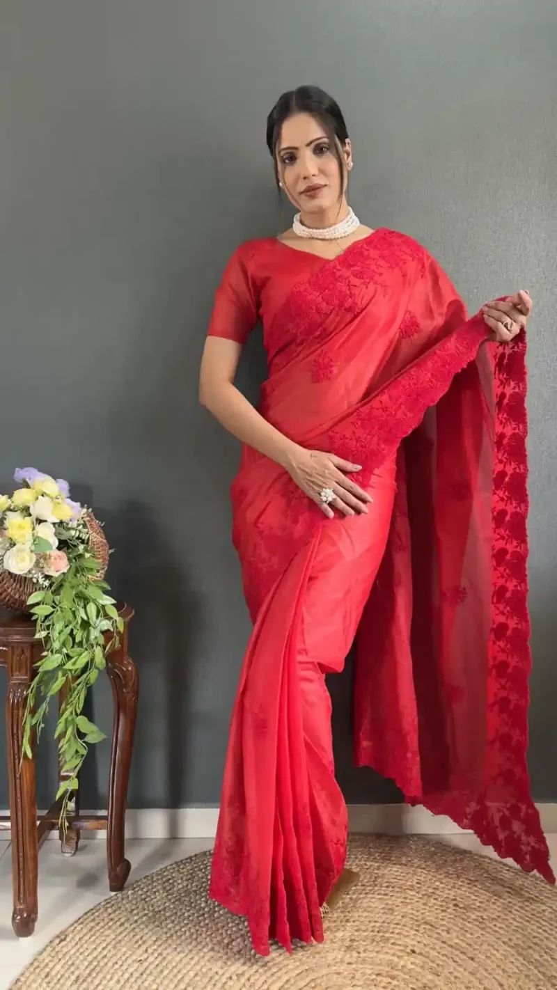 Soft Kota Doriya Embroidery Cut Work Stitched Saree