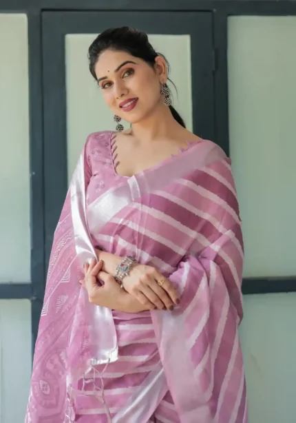 Soft Lavender With Handwoven Stripe Design Linen Saree