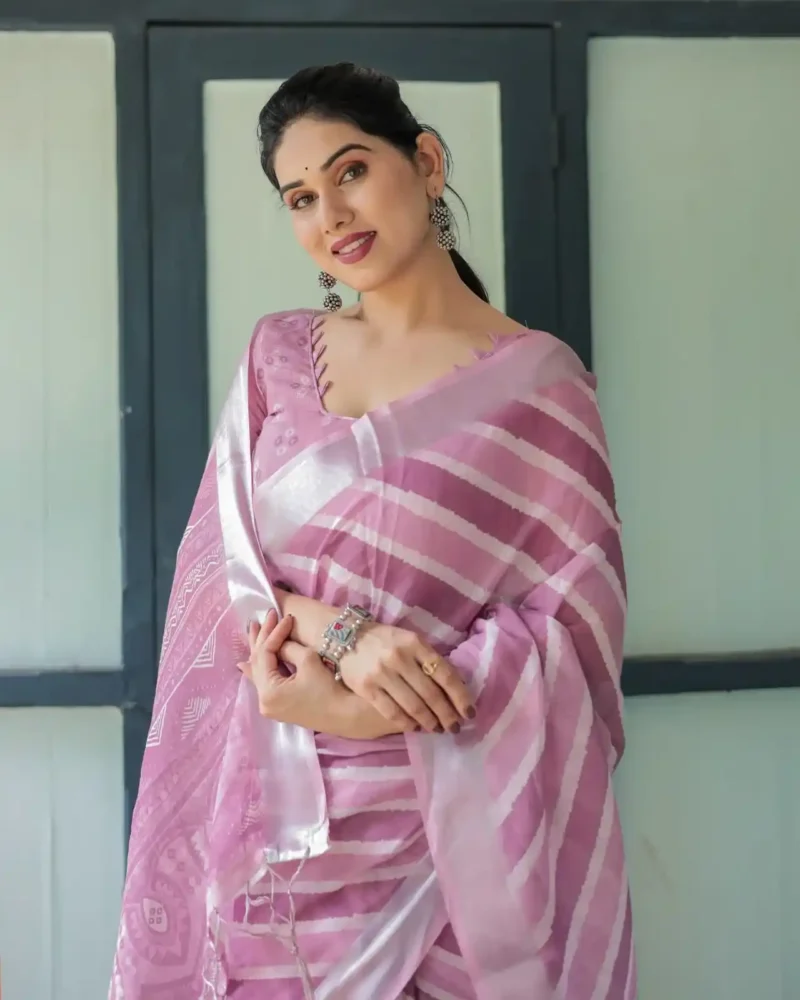 Soft Lavender With Handwoven Stripe Design Linen Saree