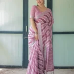 Soft Lavender With Handwoven Stripe Design Linen Saree
