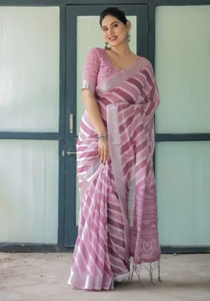 Soft Lavender With Handwoven Stripe Design Linen Saree