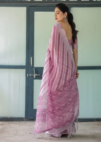 Soft Lavender With Handwoven Stripe Design Linen Saree