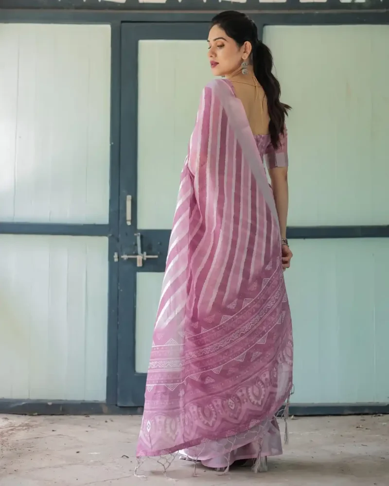 Soft Lavender With Handwoven Stripe Design Linen Saree