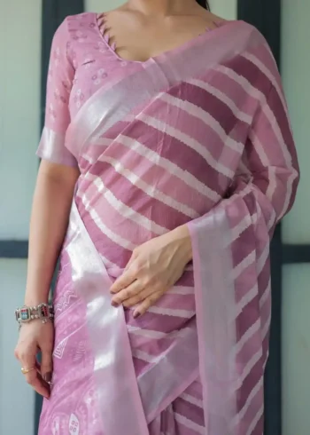 Soft Lavender With Handwoven Stripe Design Linen Saree