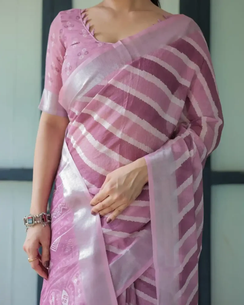 Soft Lavender With Handwoven Stripe Design Linen Saree