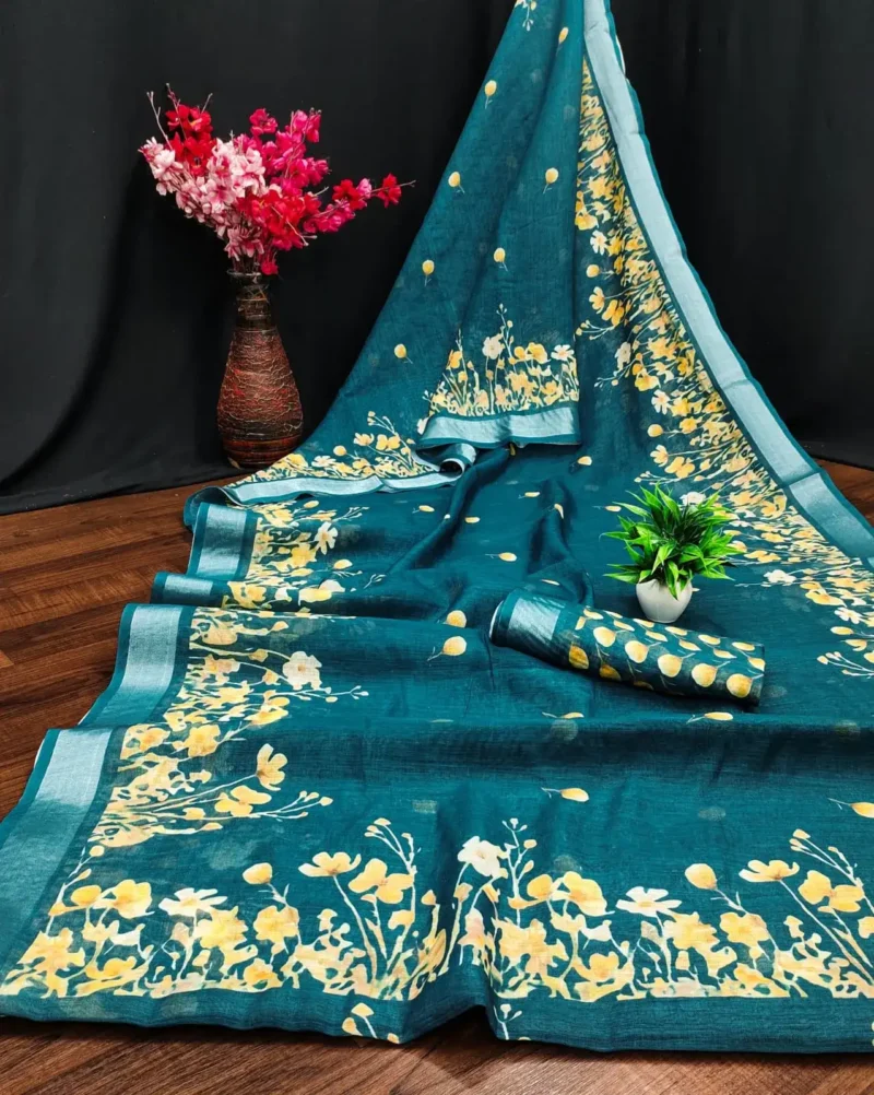 Soft Linen Cotton Digital Print Sarees With Batik Print