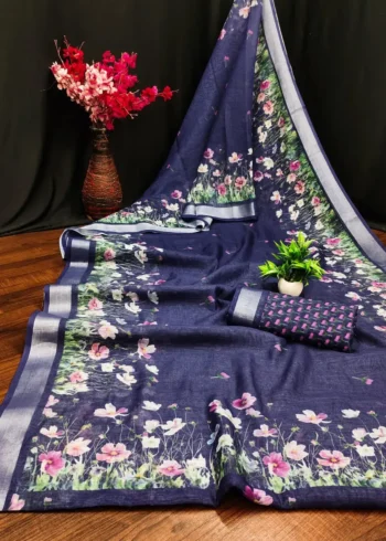 Soft Linen Cotton Digital Print Sarees With Batik Print