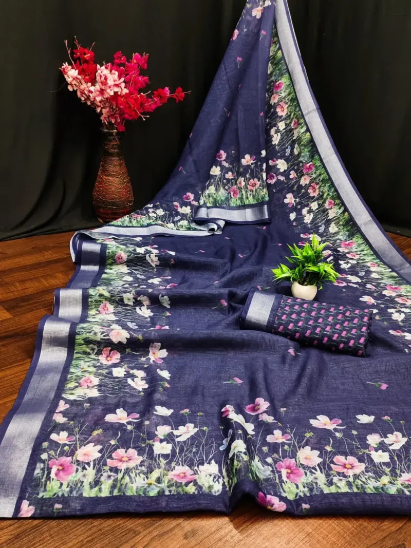 Soft Linen Cotton Digital Print Sarees With Batik Print