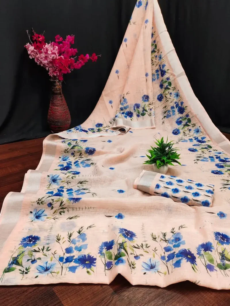 Soft Linen Cotton Digital Print Sarees With Batik Print