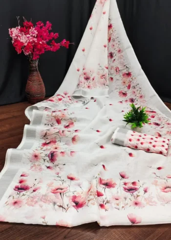 Soft Linen Cotton Digital Print Sarees With Batik Print