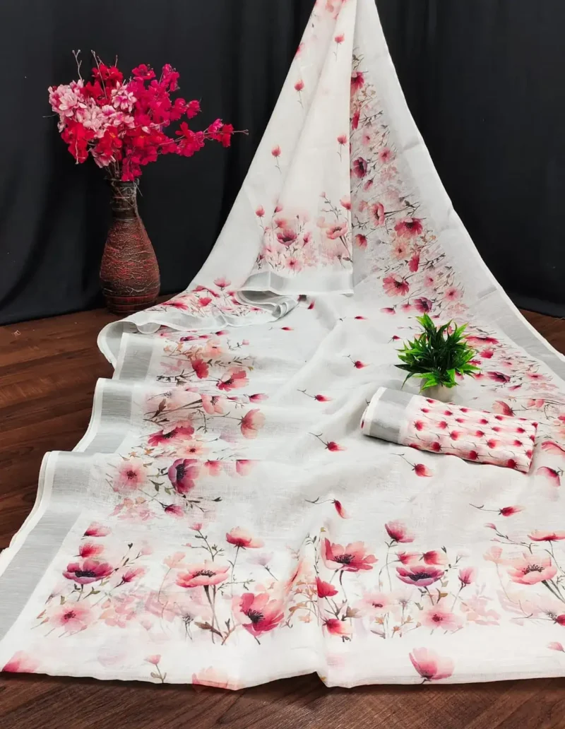 Soft Linen Cotton Digital Print Sarees With Batik Print