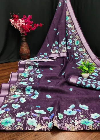 Soft Linen Cotton Digital Print Sarees With Batik Print