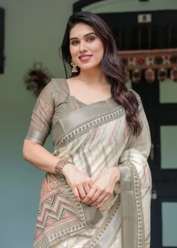 Soft Pastel Green Beige Zig Zag Printed Linen Saree