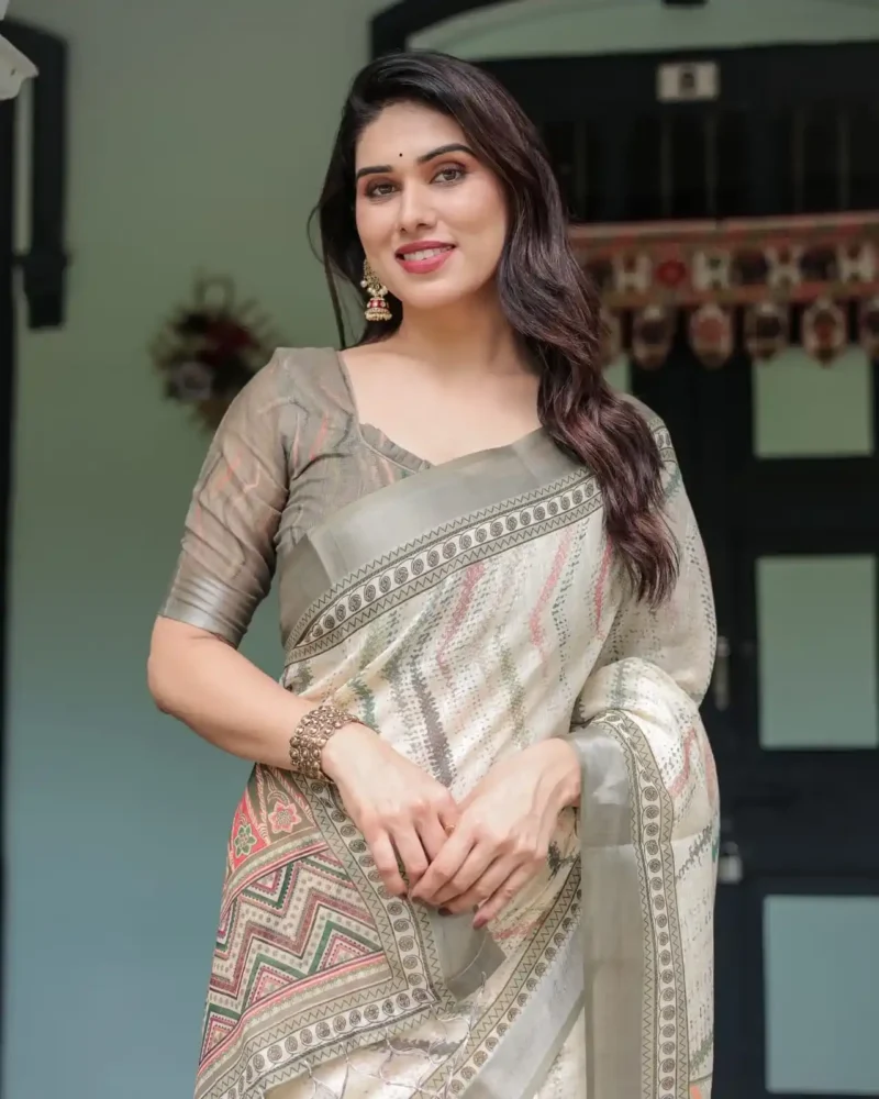 Soft Pastel Green Beige Zig Zag Printed Linen Saree