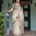 Soft Pastel Green Beige Zig Zag Printed Linen Saree