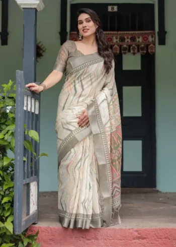 Soft Pastel Green Beige Zig Zag Printed Linen Saree