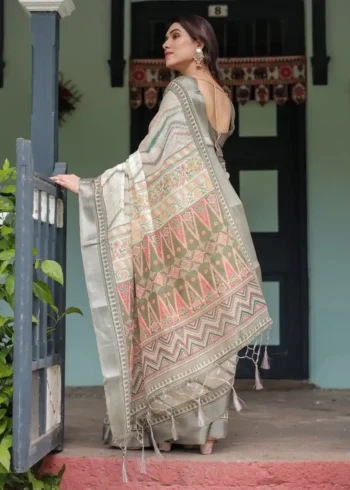 Soft Pastel Green Beige Zig Zag Printed Linen Saree