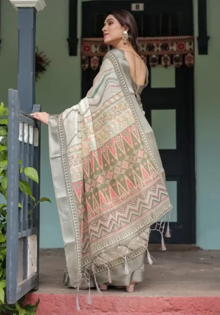 Soft Pastel Green Beige Zig Zag Printed Linen Saree