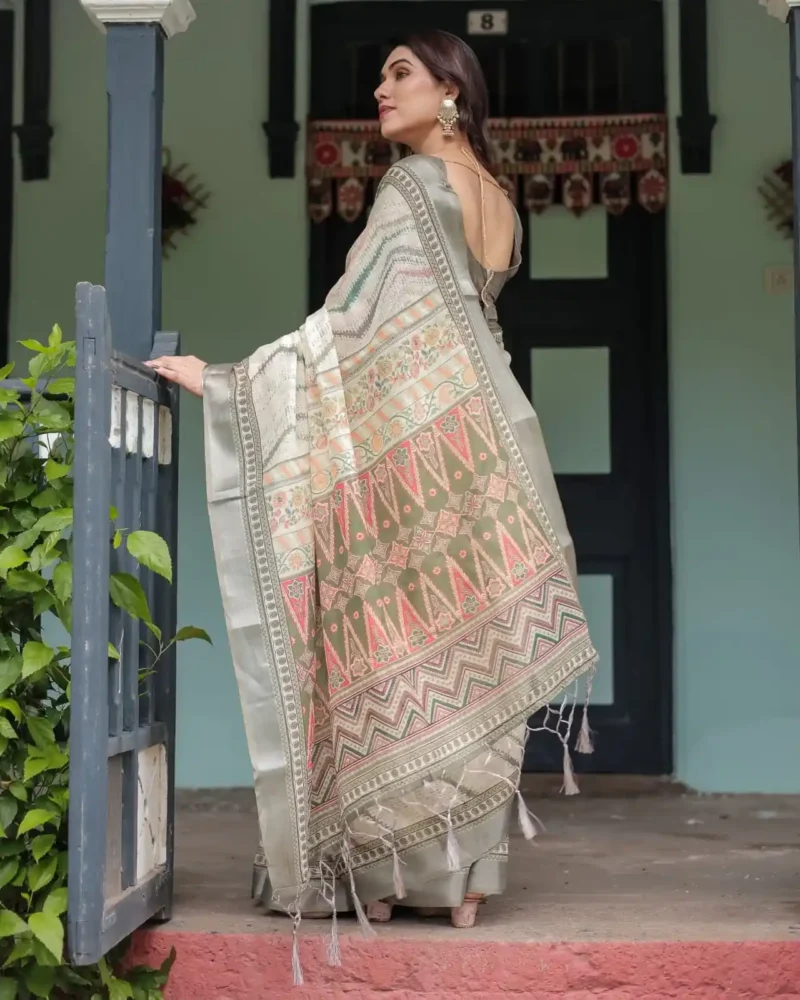 Soft Pastel Green Beige Zig Zag Printed Linen Saree