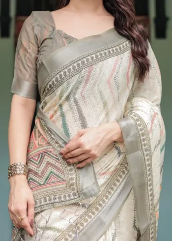 Soft Pastel Green Beige Zig Zag Printed Linen Saree