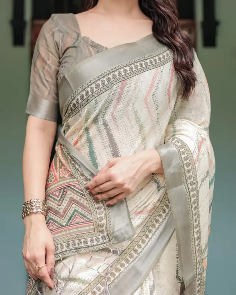 Soft Pastel Green Beige Zig Zag Printed Linen Saree